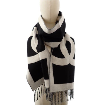 Chanel CC Logo Cashmere Scarf Genus Black White — view 8