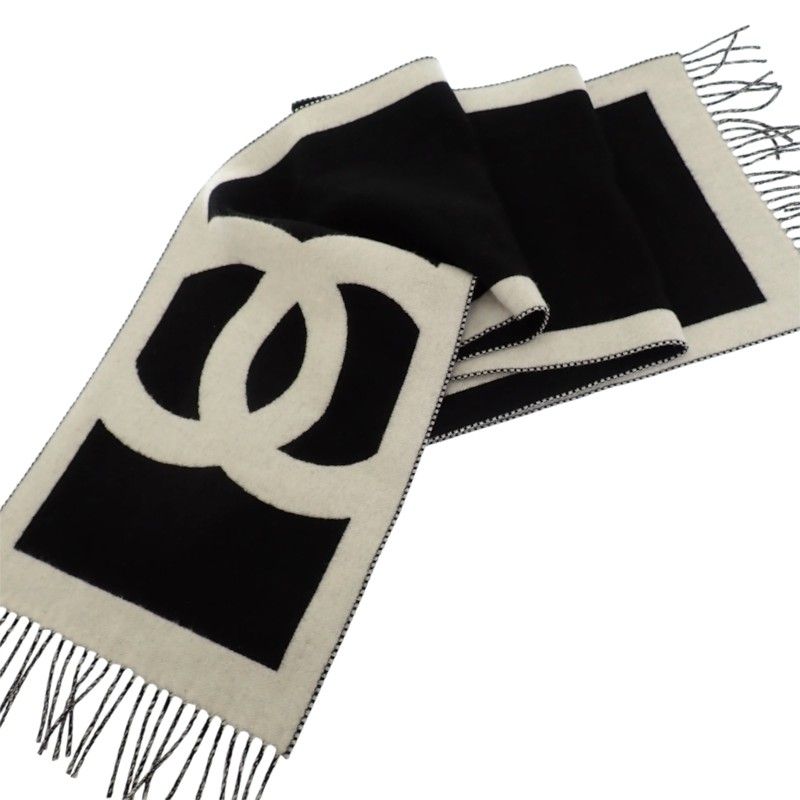 Chanel CC Logo Cashmere Scarf Genus Black White — view 4