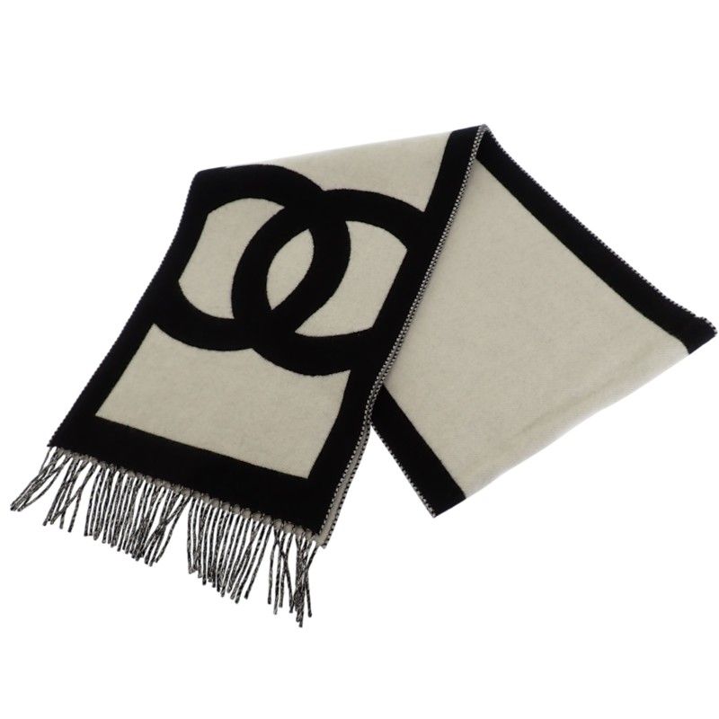Chanel CC Logo Cashmere Scarf Genus Black White — view 5