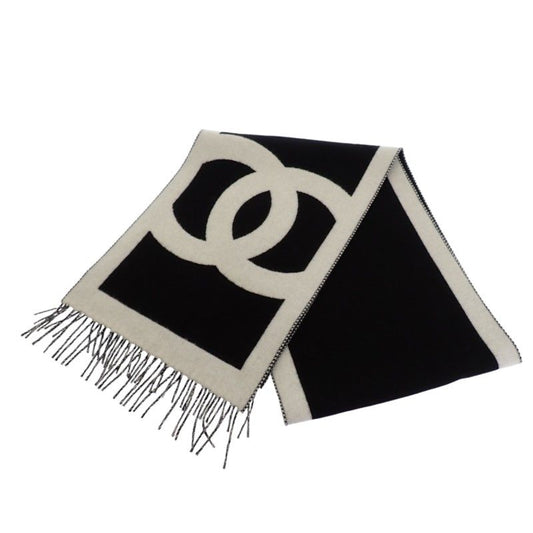 Chanel CC Logo Cashmere Scarf Genus Black White