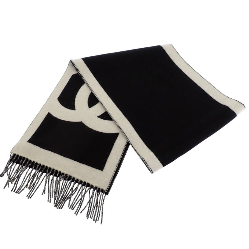 Chanel CC Logo Cashmere Scarf Genus Black White — view 2