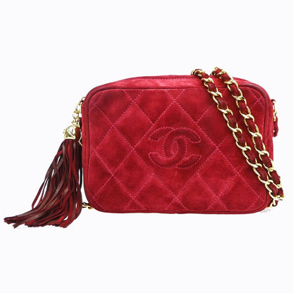 Chanel Quilted Fringe Chain Shoulder Bag Wine Red Suede Leather