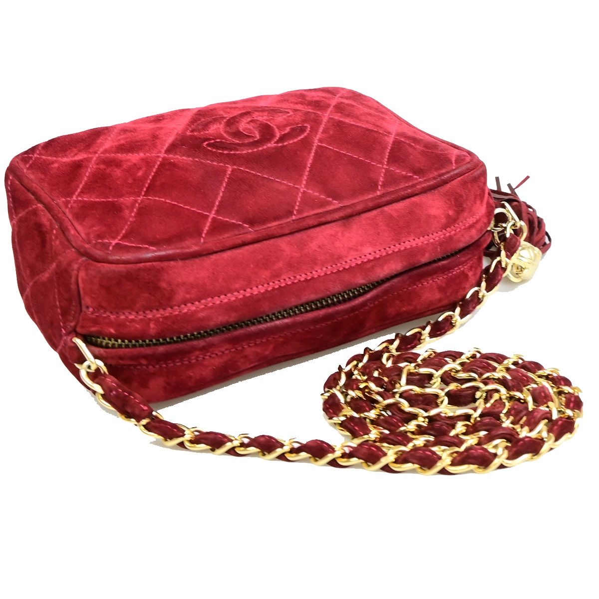 Chanel Quilted Fringe Chain Shoulder Bag Wine Red Suede Leather — view 5