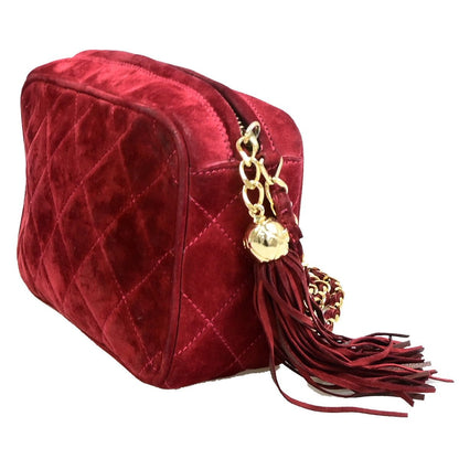 Chanel Quilted Fringe Chain Shoulder Bag Wine Red Suede Leather — view 4