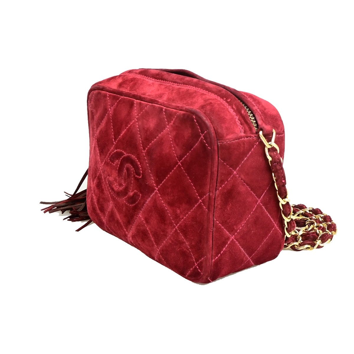 Chanel Quilted Fringe Chain Shoulder Bag Wine Red Suede Leather — view 2