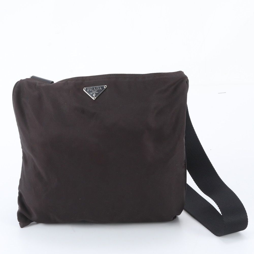Prada White Tag Tessuto Nylon Triangle Logo Leather Shoulder Bag Crossbody Brown