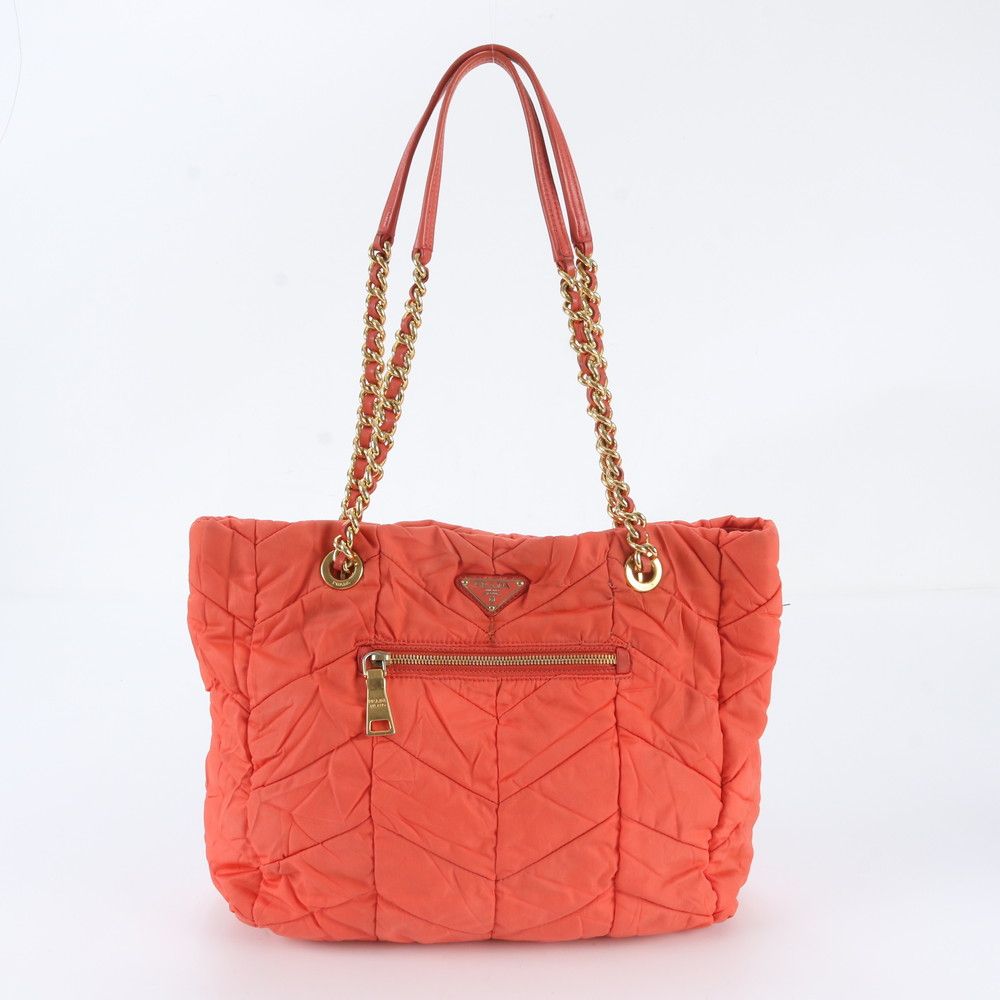 Prada Tessuto Nylon Leather Triangle Logo Chain Shoulder Tote