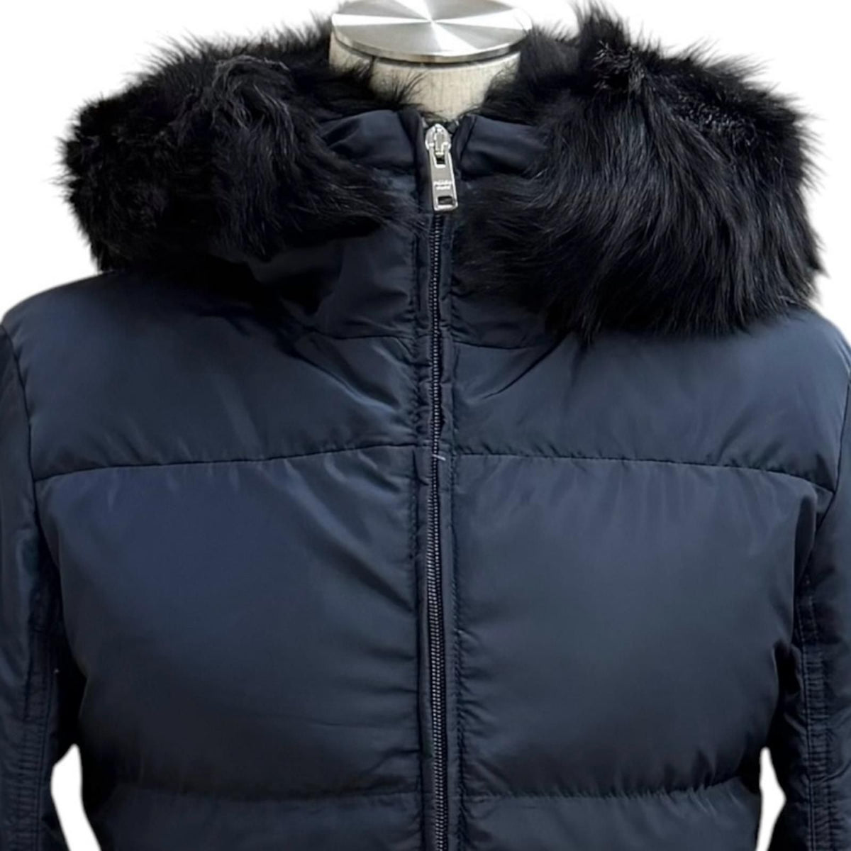 Prada Triangle Logo Sheepskin Fur Zip UP Down Coat Navy 36 Jacket — view 2