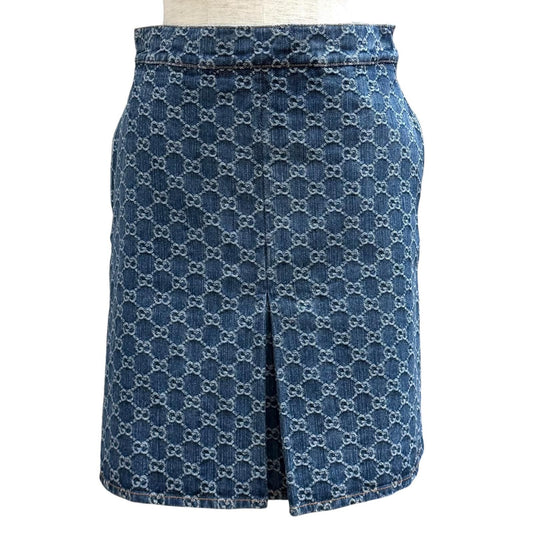 Gucci Cotton 100% GG Jacquard Box Pleat Denim Skirt Indigo 36