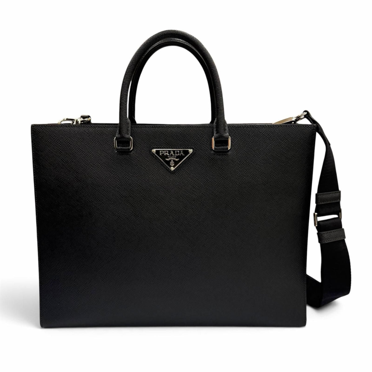Prada Saffiano Leather 2-Way Tote Black Silver