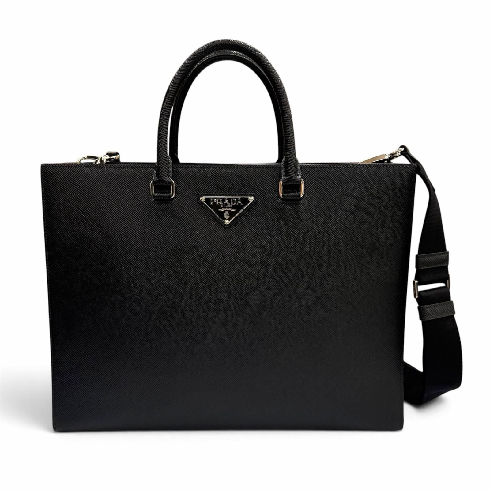 Prada Saffiano Leather 2-Way Tote Black Silver