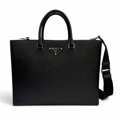 Prada Saffiano Leather 2-Way Tote Black Silver