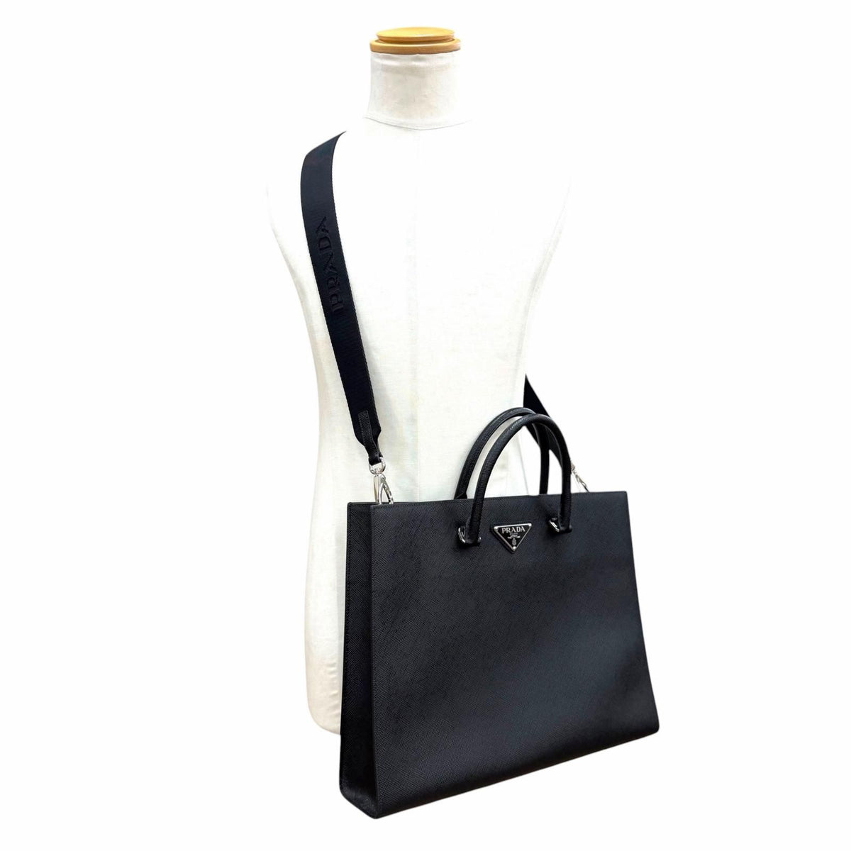 Prada Saffiano Leather 2-Way Tote Black Silver — view 2