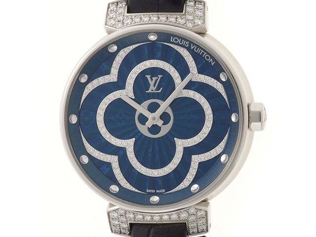 Louis Vuitton Tambour Moon Divine Watch Stainless Lug Diamond Crocodile Leather