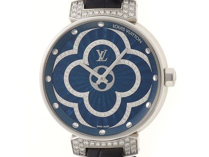 Louis Vuitton Tambour Moon Divine Watch Stainless Lug Diamond Crocodile Leather