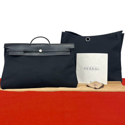 Hermes Herbag GM Toile Officier Leather Boston Bag Black