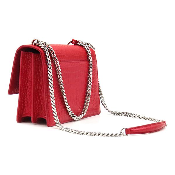 Saint Laurent Shoulder Bag Sunset Chain Leather Red Silver Croco Embossed — view 2
