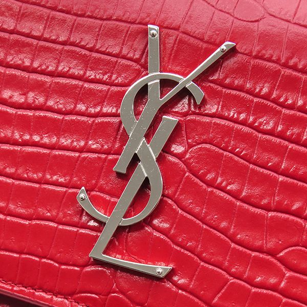 Saint Laurent Shoulder Bag Sunset Chain Leather Red Silver Croco Embossed — view 5