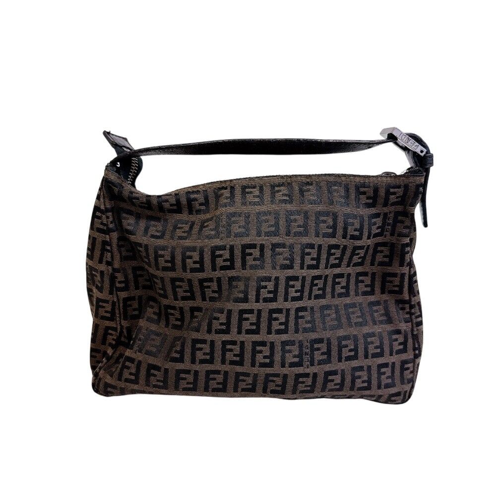 Fendi Zucchino All Over Print Pouch Vanity Handbag Canvas Leather Brown Black