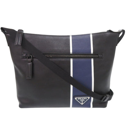Prada Triangle Logo Leather Black Blue Shoulder Bag