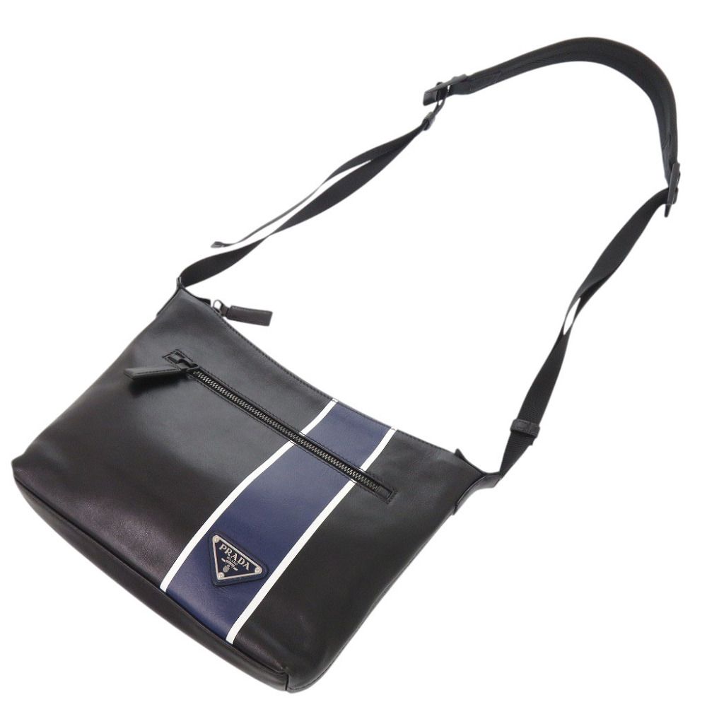 Prada Triangle Logo Leather Black Blue Shoulder Bag — view 5