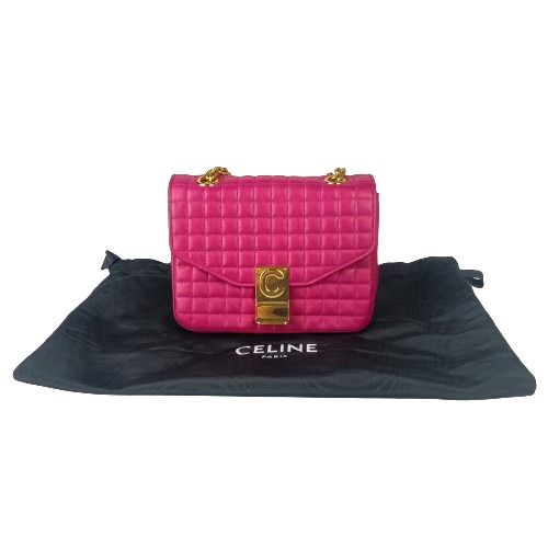 Celine Shoulder Bag Small C Pink Leather Quilted Chain Gold