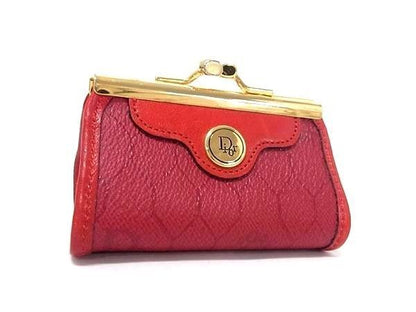 Dior Coin Purse Honeycomb Pattern Red Gold Leather Kiss Lock