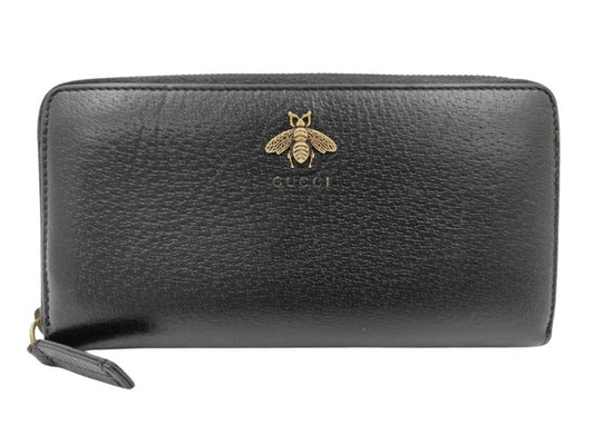 Gucci Wallet Animalier Black Leather Zip Around Gold