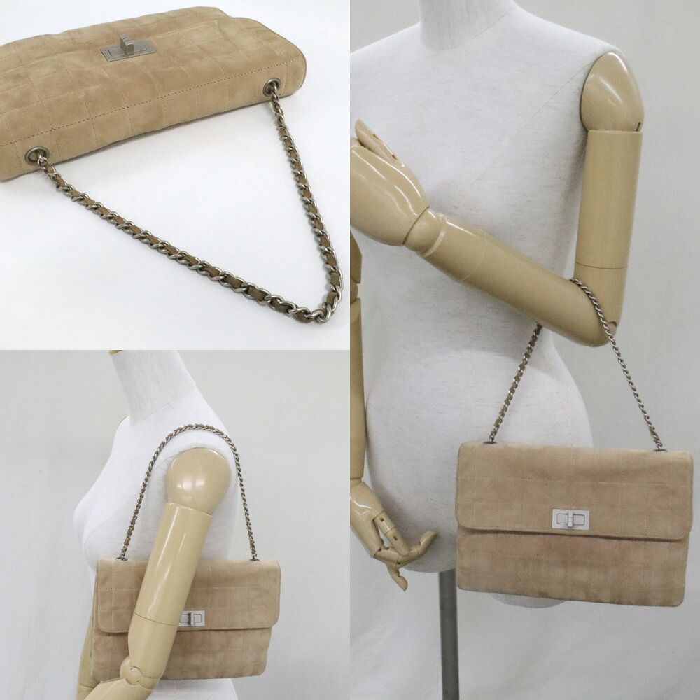 Chanel 2.55 Chain Handbag Beige Suede Silver Choco Bar 6 Bag — view 4