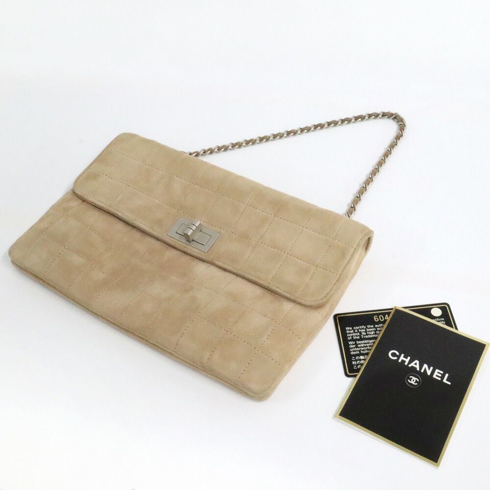 Chanel 2.55 Chain Handbag Beige Suede Silver Choco Bar 6 Bag — view 5