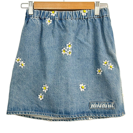 Miu Miu Mini Skirt S Blue White Yellow Denim Embroidery Flower Elastic Waist 38