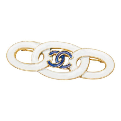 Chanel CC Logo Brooch 93C White Blue Gold Plated