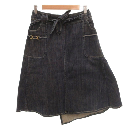 Max Mara Wrap Skirt Denim Belt Knee-Length Cotton Indigo 36