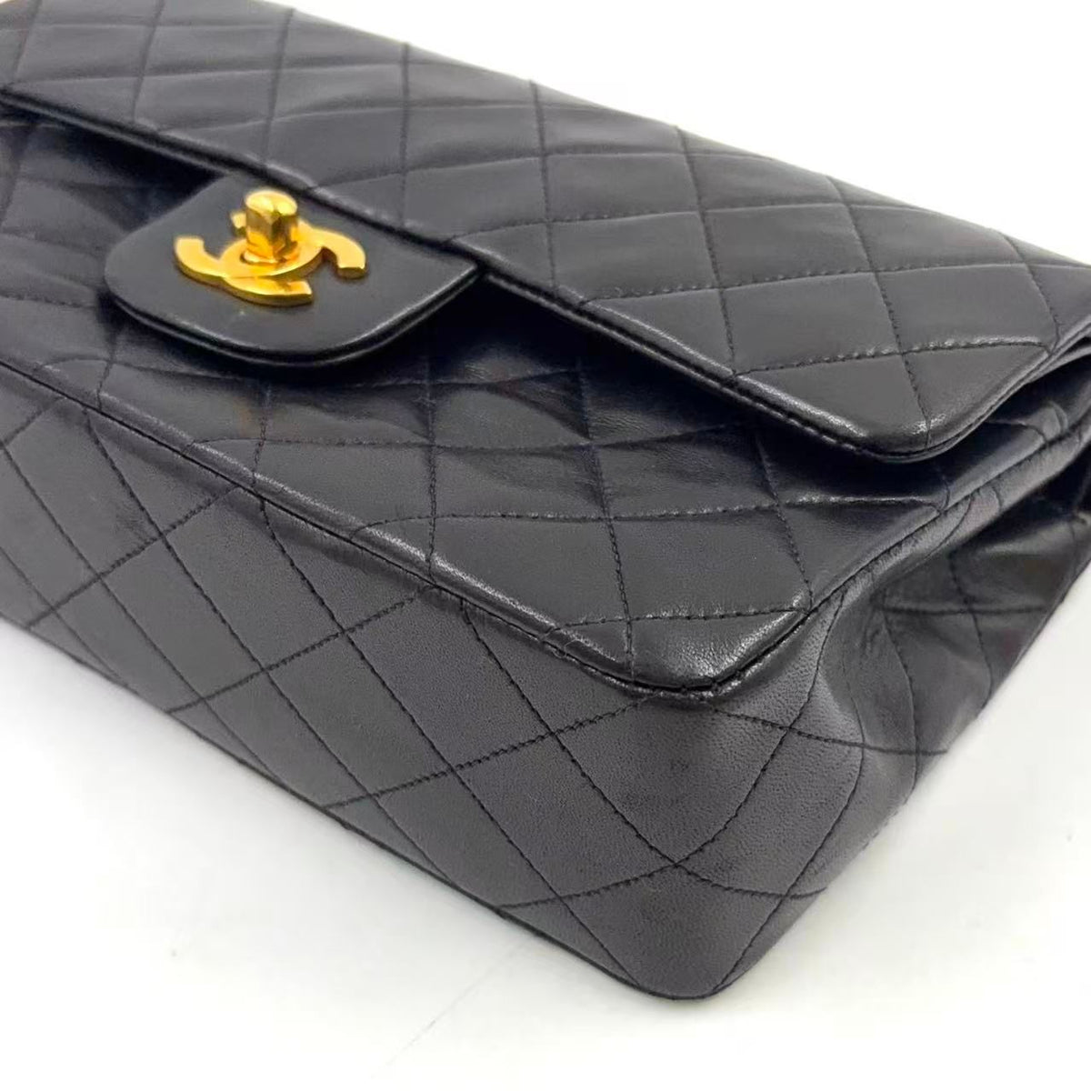 Chanel Quilted Double Flap Lambskin Black Chain Shoulder Bag Gold — view 8
