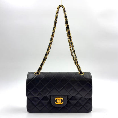 Chanel Quilted Double Flap Lambskin Black Chain Shoulder Bag Gold