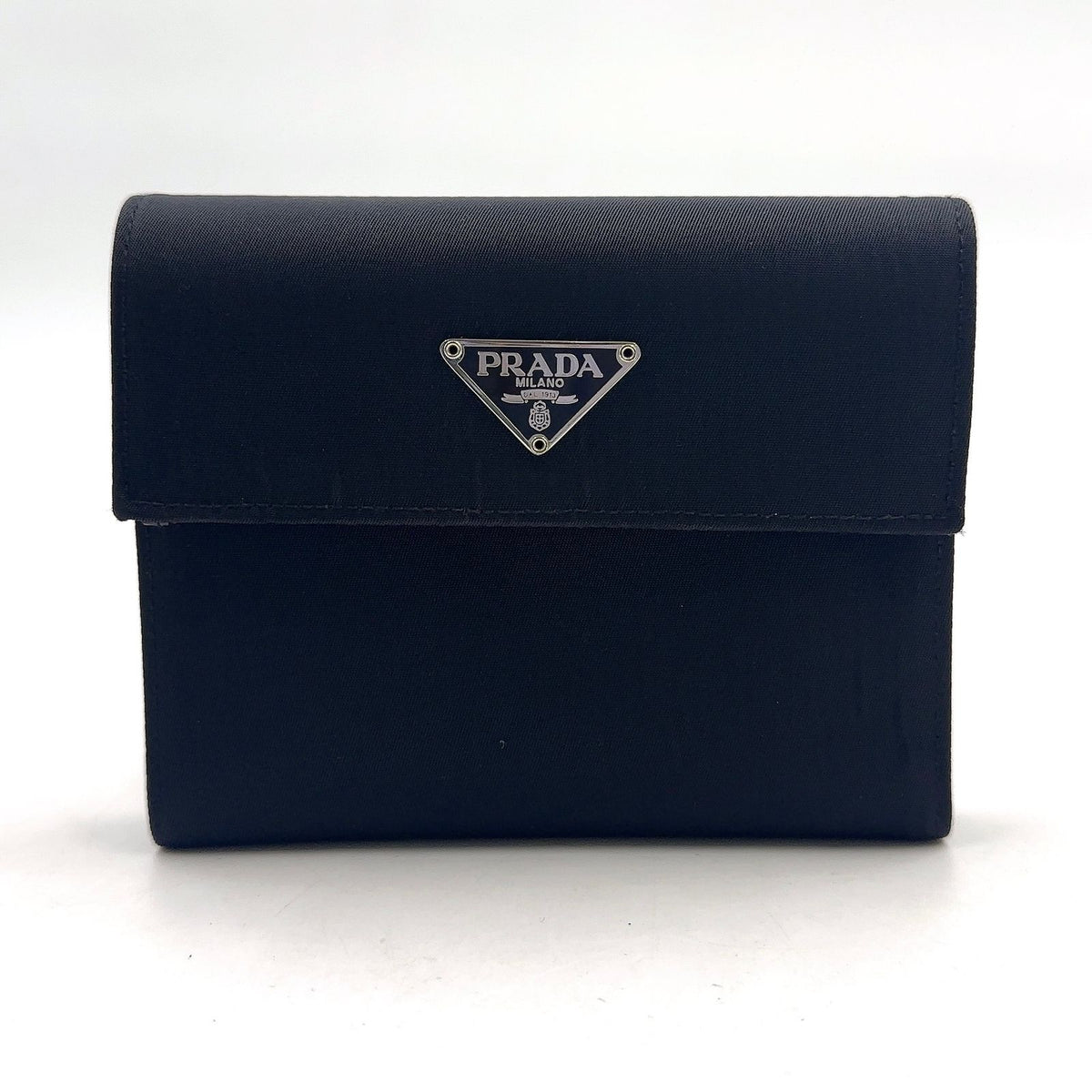 Prada Leather Nylon Black Trifold Wallet Silver