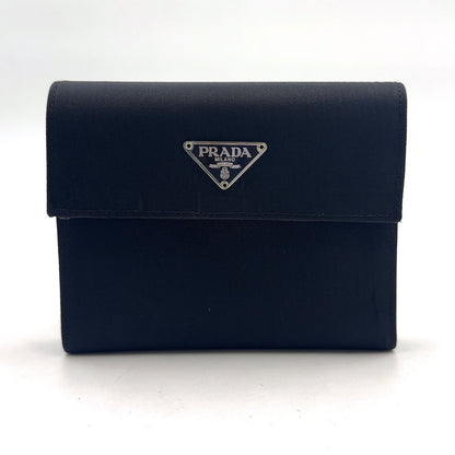 Prada Leather Nylon Black Trifold Wallet Silver