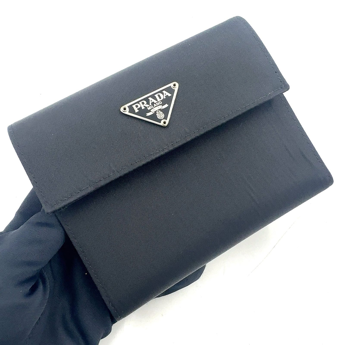 Prada Leather Nylon Black Trifold Wallet Silver — view 5