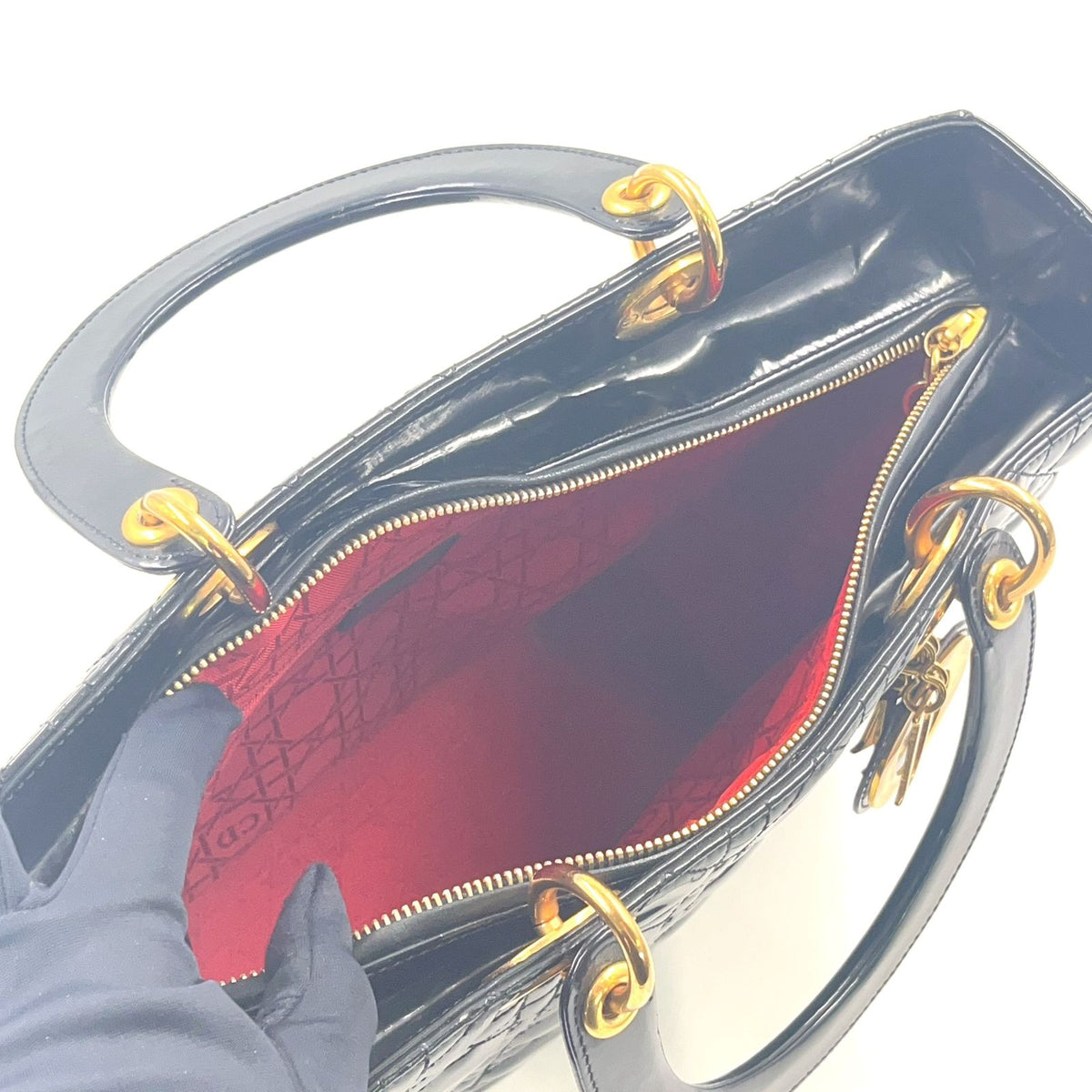 Dior Medium Cannage Patent Leather Black Handbag Gold — view 3
