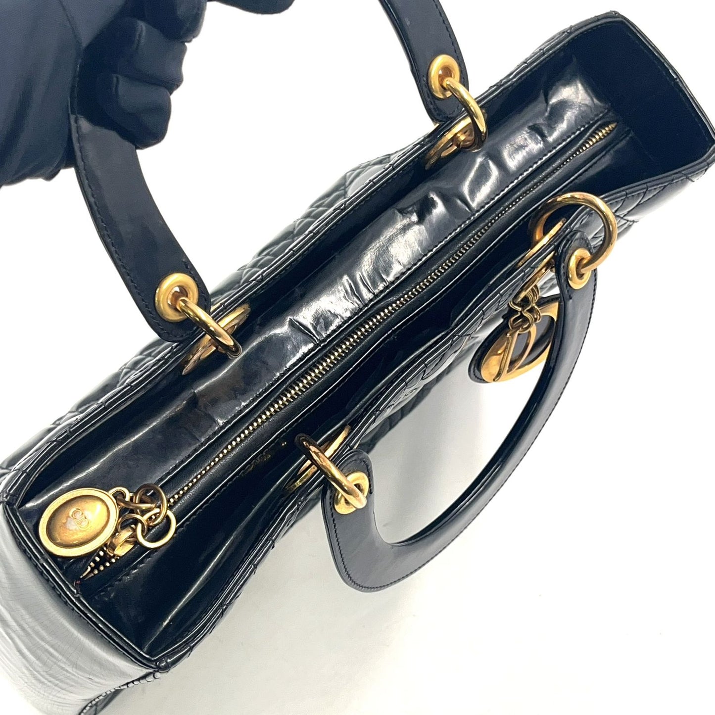 Dior Medium Cannage Patent Leather Black Handbag Gold — view 8