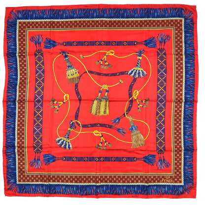Fendi Fringe Checker Pattern Silk Red Scarf