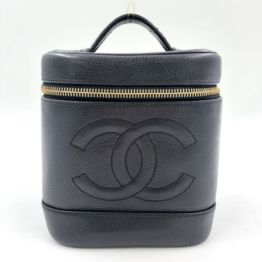 Chanel CC Logo Vanity Caviar Leather Black Pouch Gold