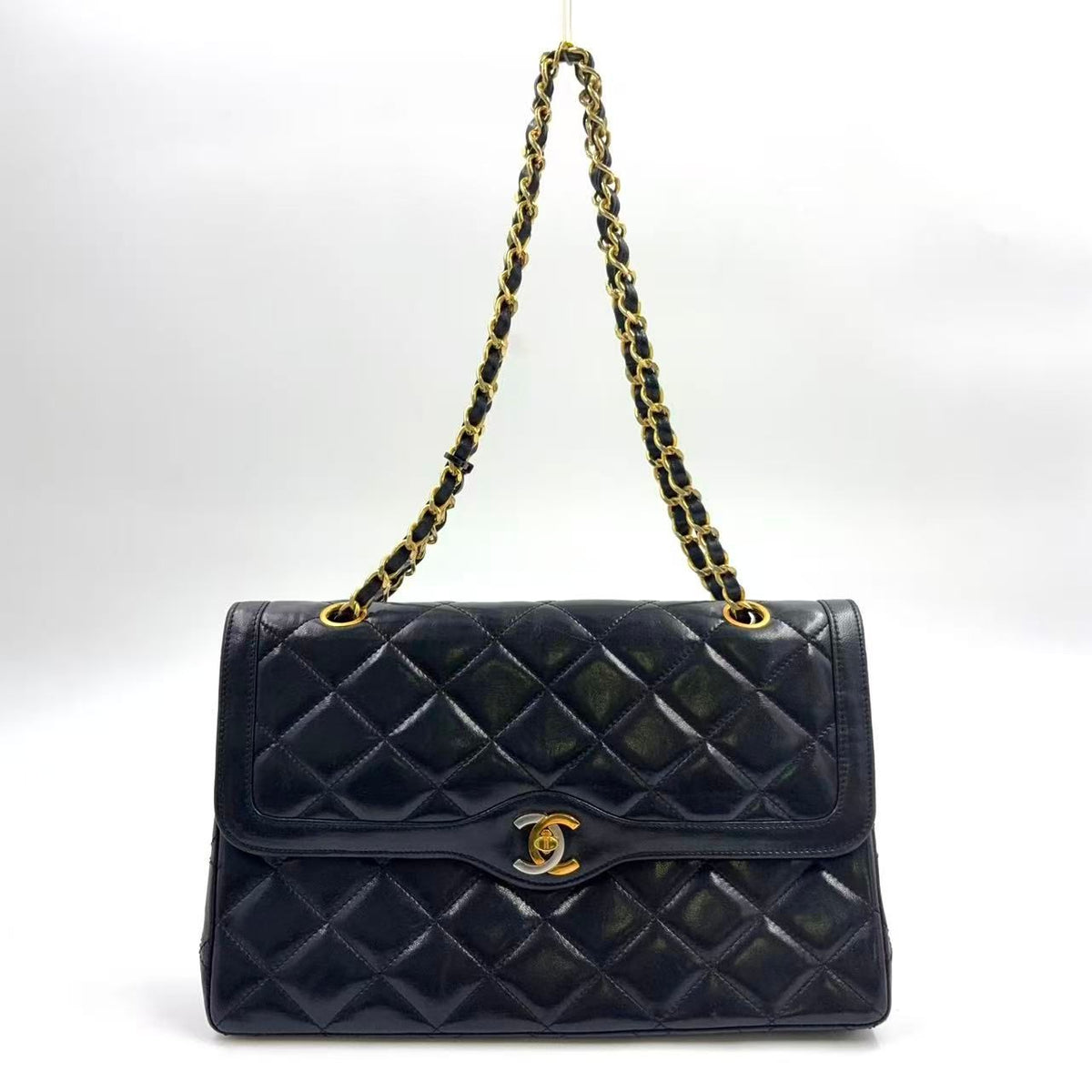 Chanel Limited Edition Quilted Lambskin Black Chain Shoulder Bag Gold