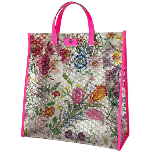 Gucci Tote Flora Print Leather Pink Clear