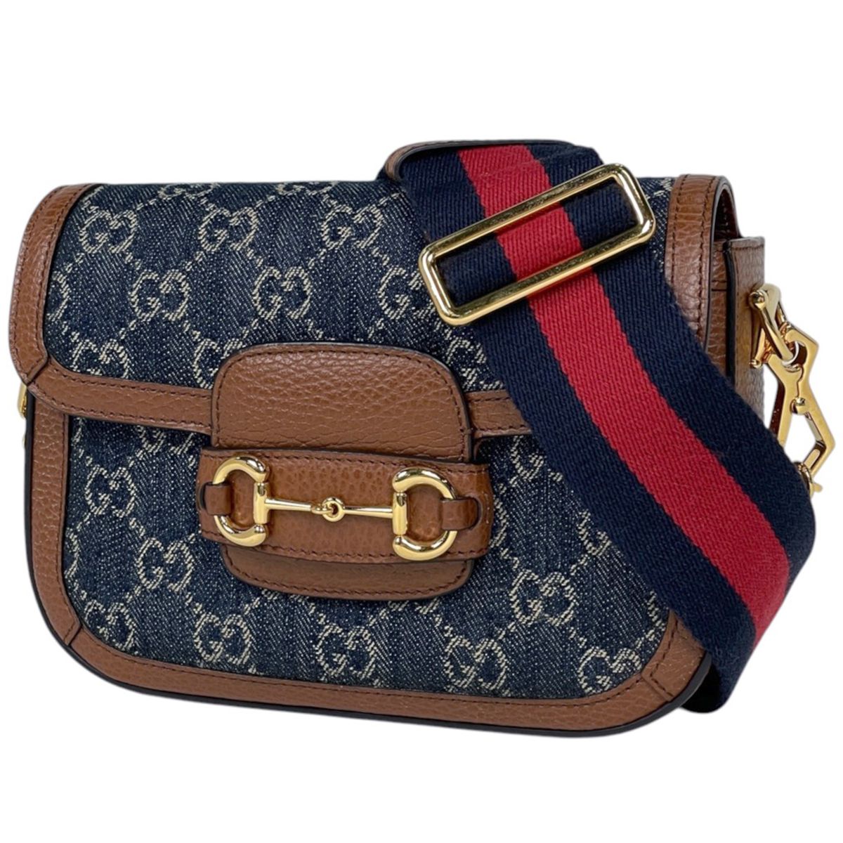 Gucci Shoulder Bag Horsebit 1955 GG Denim Blue Brown