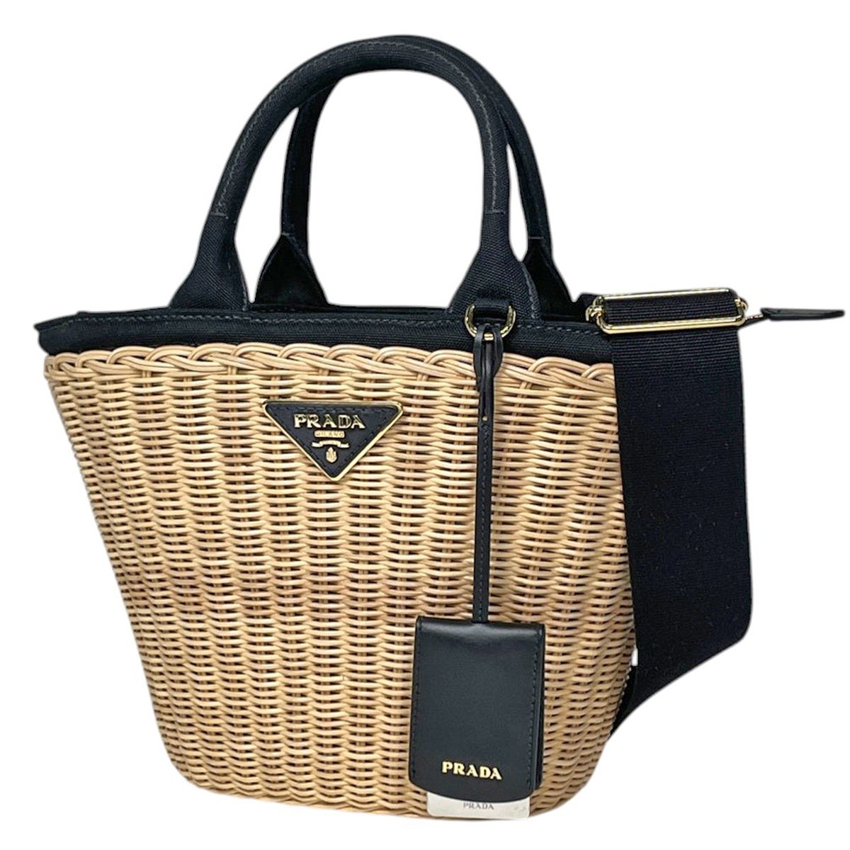 Prada Handbag Wicker Basket Bag 2-Way Rattan Beige Nero