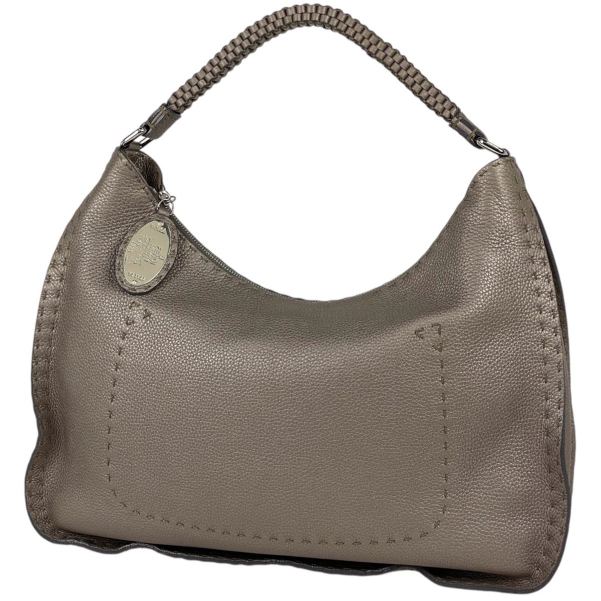 Fendi Shoulder Bag Selleria Metallic Leather Greige