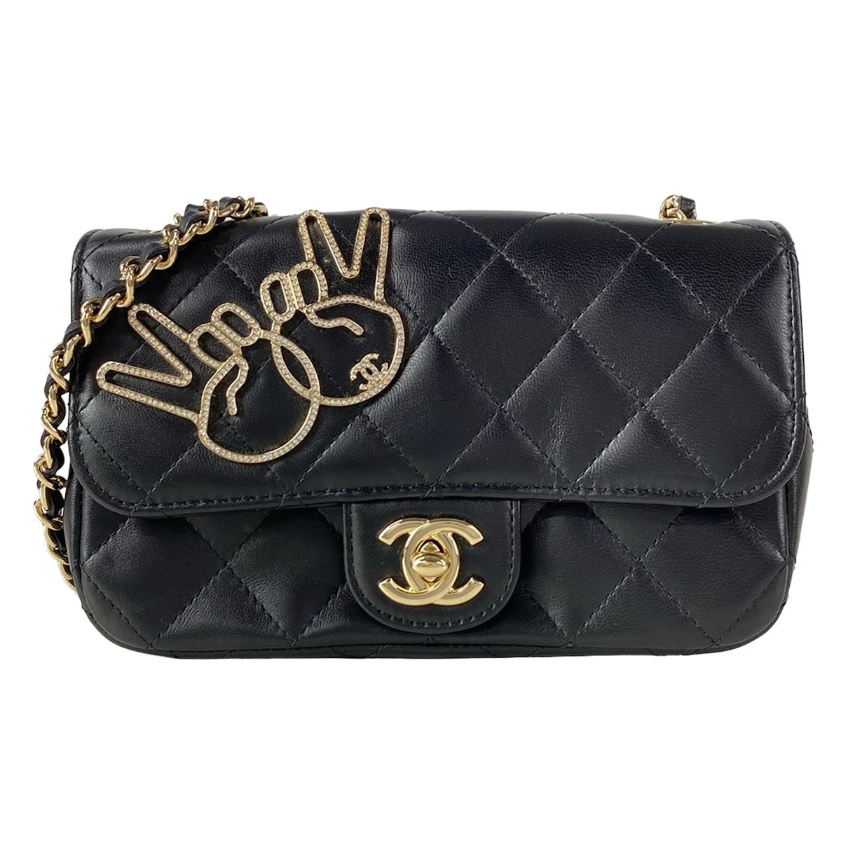 Chanel Shoulder Bag Mini Quilted Black Rhinestone Chain Gold Peace Sign Lambskin