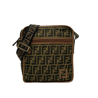 Fendi Shoulder Bag Zucca Pattern Khaki Black Brown Leather