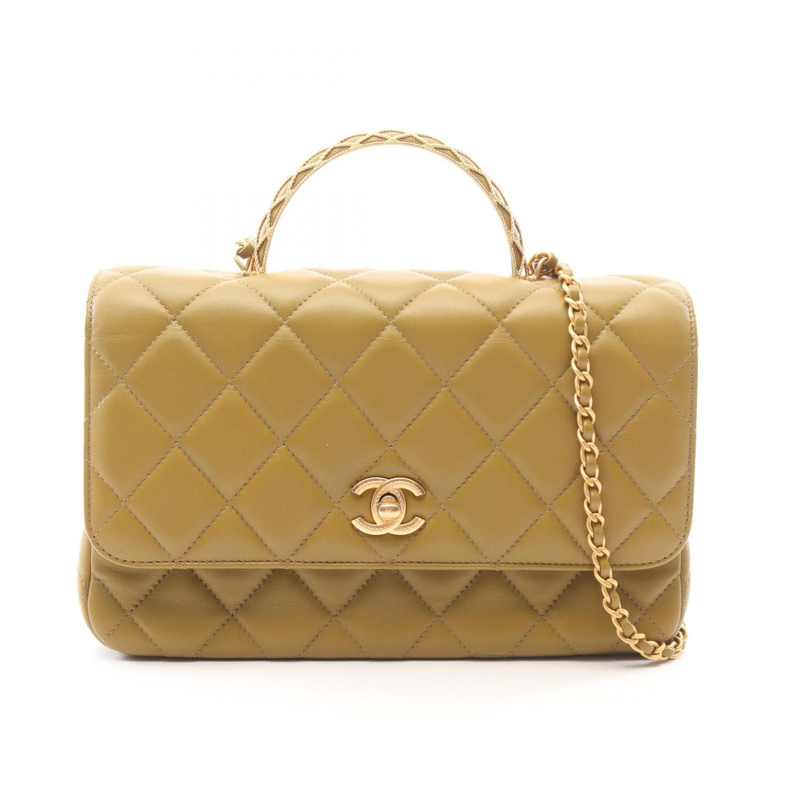 Chanel Shoulder Bag Quilted Top Handle 2-Way Olive Green Lambskin Chain